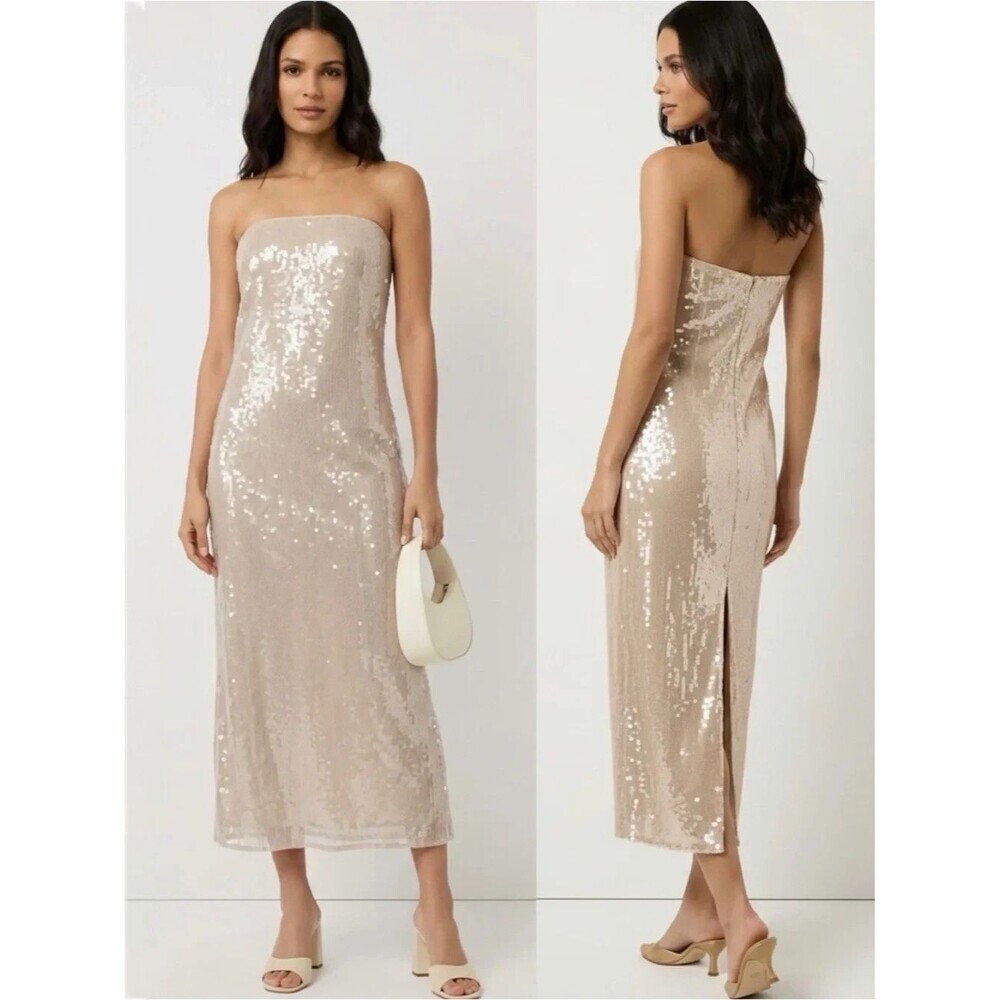 STAUD Casey Cream Sequin Midi Dress Size 10 NWT